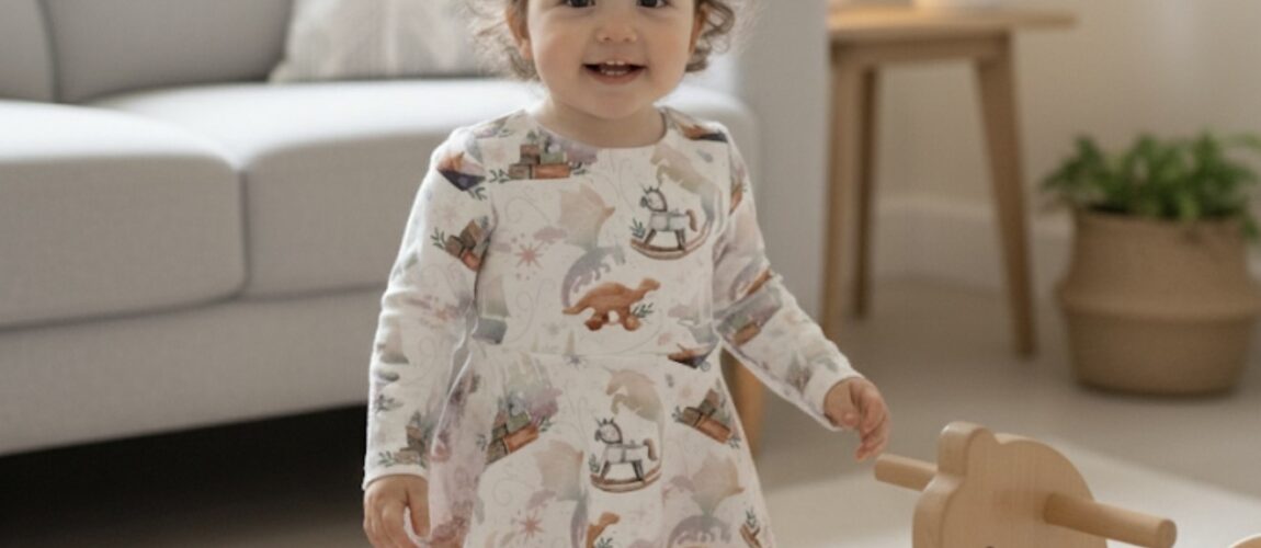 Organic cotton poppy floral baby dress laid flat showing detail